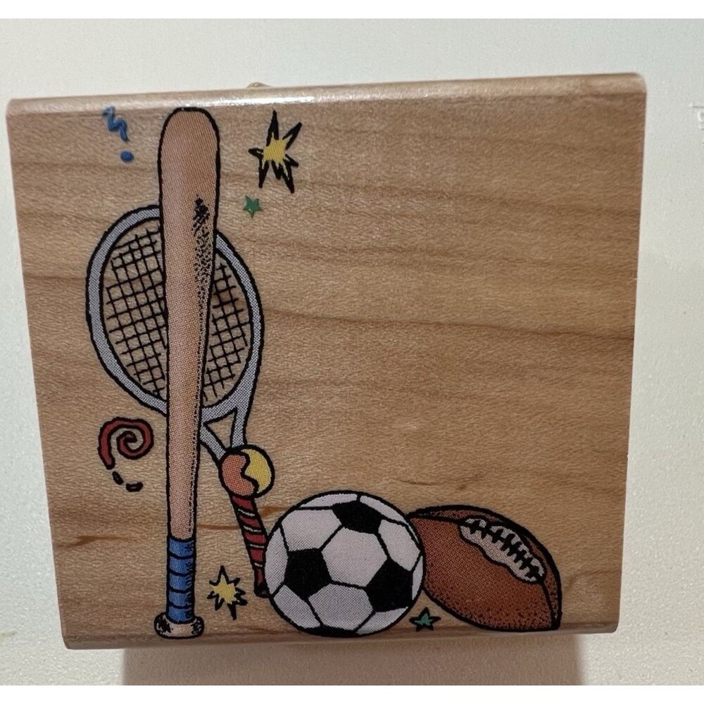 Wood Block Rubber Stamp Sports Theme Baseball Tennis Soccer Football 6561-M